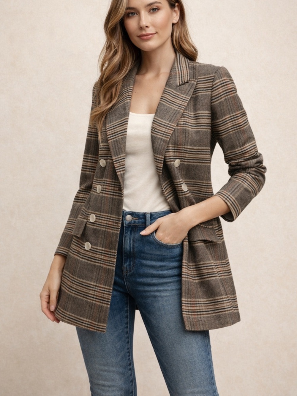 HeyYou Women’s Plaid Double Breasted Blazer XS Brown Long Workwear Jacket